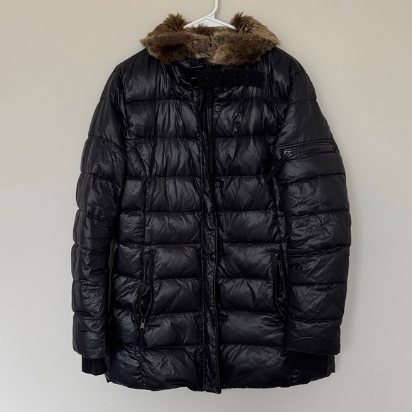 S13 Down Black Long Coat with Fur Collar - M - Picture 1 of 5